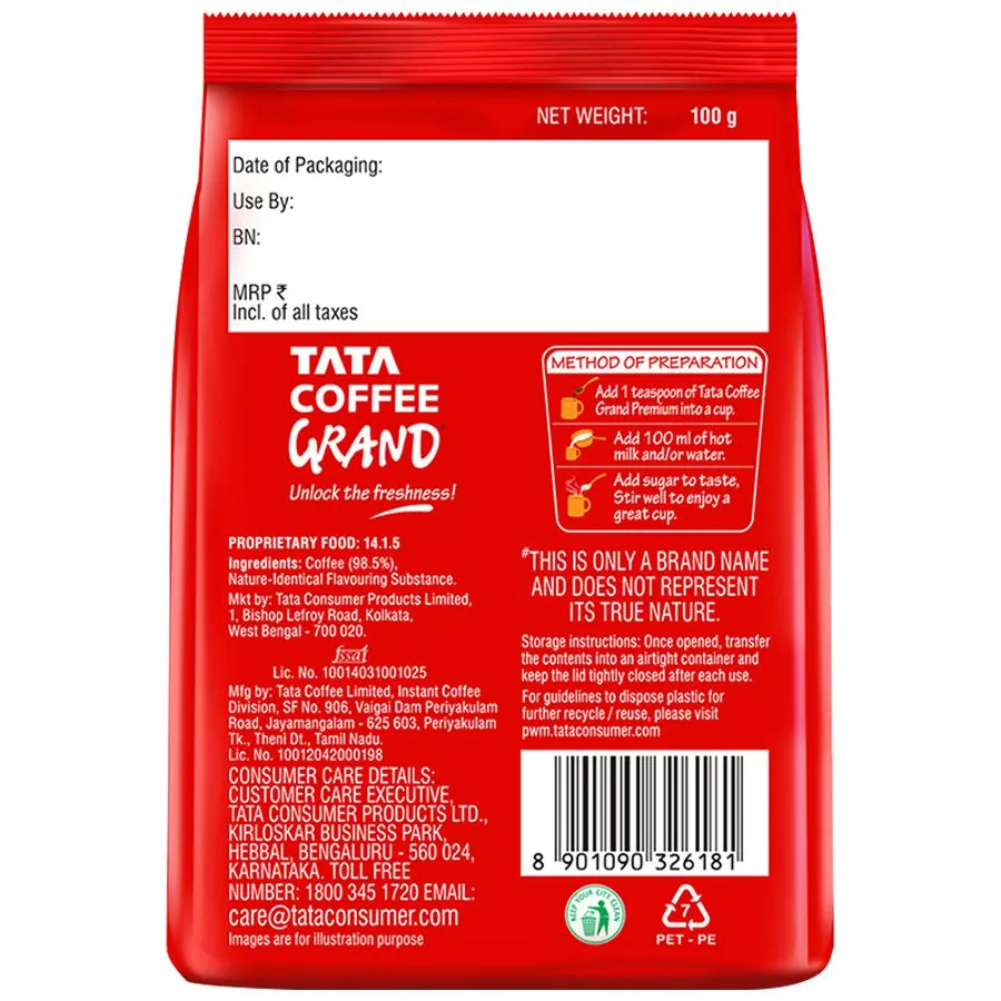 Tata Coffee Grand Premium Instant Coffee - 100percent Coffee Blend, 100 g Pouch-3.webp